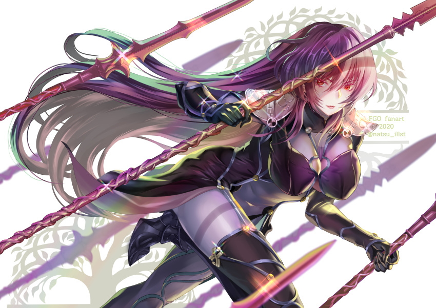 1girl armor bodysuit breasts commentary_request eyebrows_visible_through_hair fate/grand_order fate_(series) hair_between_eyes high_heels highres holding holding_spear holding_weapon large_breasts long_hair looking_at_viewer natsujiru polearm red_eyes scathach_(fate)_(all) scathach_(fate/grand_order) shoulder_armor simple_background solo spear weapon white_background