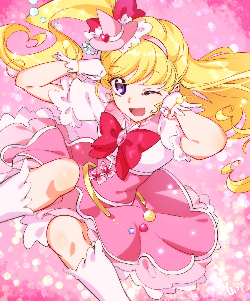 1girl ;d bangs blonde_hair boots bow bowtie cure_miracle eyebrows_visible_through_hair floating_hair gloves hair_between_eyes hair_bow hairband hat high_ponytail highres knee_boots layered_skirt long_hair mahou_girls_precure! mini_hat miniskirt one_eye_closed open_mouth pink_gloves pink_hairband pink_headwear pink_skirt precure red_bow red_neckwear shiny shiny_hair shipu_(gassyumaron) shirt short_sleeves side_ponytail skirt smile solo swept_bangs very_long_hair violet_eyes white_footwear white_shirt witch_hat