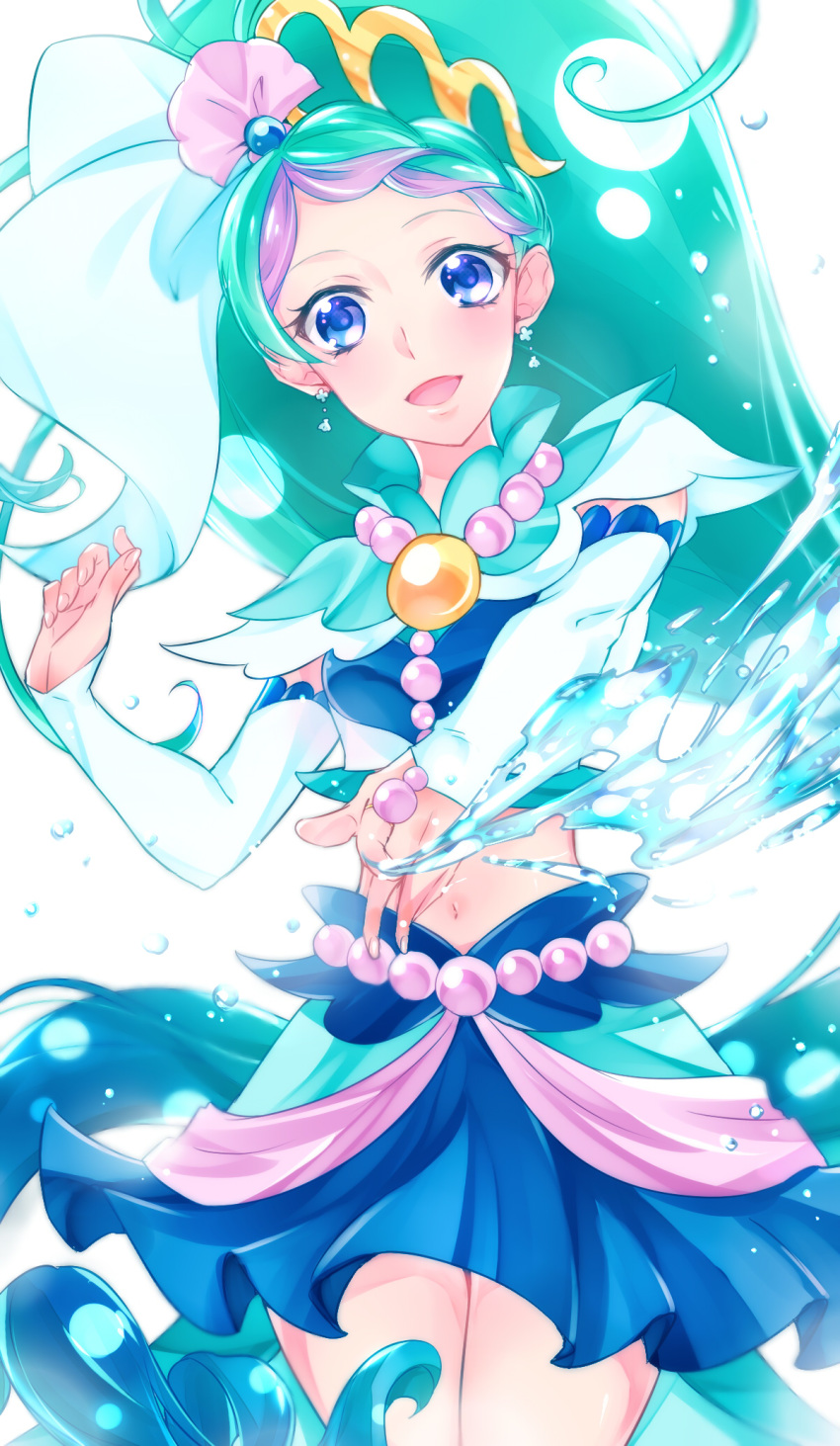 1girl :d bangs blue_eyes blue_skirt cowboy_shot crop_top cure_mermaid detached_sleeves earrings go!_princess_precure green_hair highres jewelry long_hair long_sleeves looking_at_viewer midriff miniskirt navel open_mouth parted_bangs pleated_skirt precure shiny shiny_hair shipu_(gassyumaron) skirt smile solo standing stomach very_long_hair white_background white_sleeves