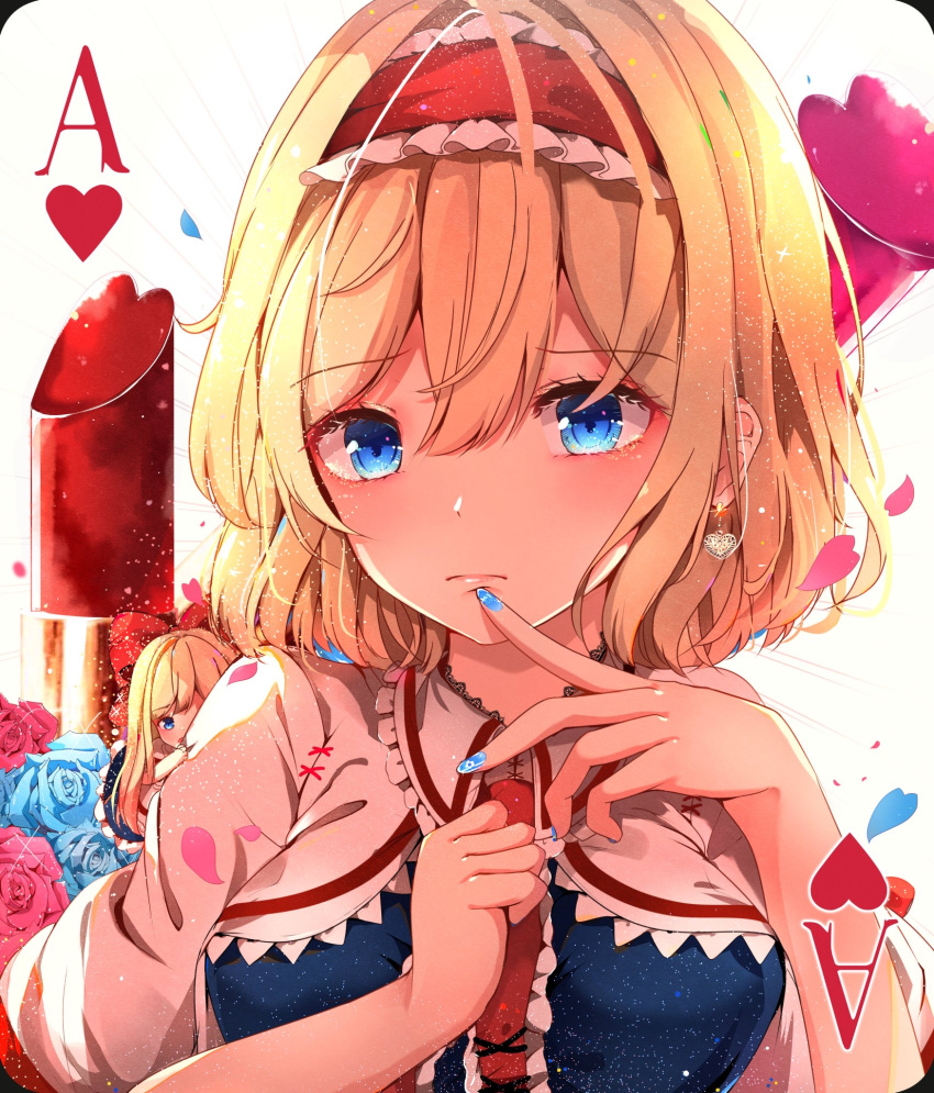 2girls ace_of_hearts alice_margatroid bangs blonde_hair blue_eyes blue_nails blush bow breasts capelet closed_mouth earrings eyebrows_visible_through_hair fingers_together frilled_hairband frills hair_bow hairband hand_on_own_chest highres hunya jewelry lipstick_tube medium_breasts minigirl multiple_girls nail_polish necktie peeking pink_lipstick_tube red_bow red_hairband red_lipstick_tube red_neckwear shanghai_doll short_hair touhou upper_body white_background white_capelet