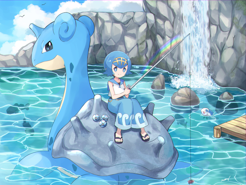 baggy_pants blue_eyes blue_hair blue_pants blue_sky clouds cloudy_sky dive_ball fishing fishing_lure fishing_rod gen_1_pokemon gen_7_pokemon highres lapras lying_on_another mei_(maysroom) pants pokemon pyukumuku rainbow reflective_water shirt short_hair sky suiren_(pokemon) tagme tiara water waterfall wave_print white_shirt wishiwashi wishiwashi_(solo)