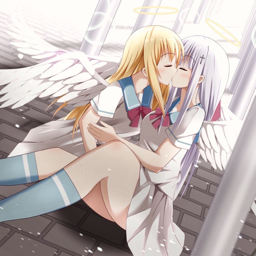 2girls angel angel_wings blonde_hair blue_legwear blush breasts closed_eyes cross_hair_ornament dress eyebrows_visible_through_hair gabriel_dropout hair_ornament halo highres kiss large_breasts long_hair multiple_girls neckerchief red_neckwear sailor_dress shiny shiny_hair shiraha_raphiel_ainsworth skirt sure_ibu tenma_gabriel_white thigh-highs white_hair white_skirt wings yuri