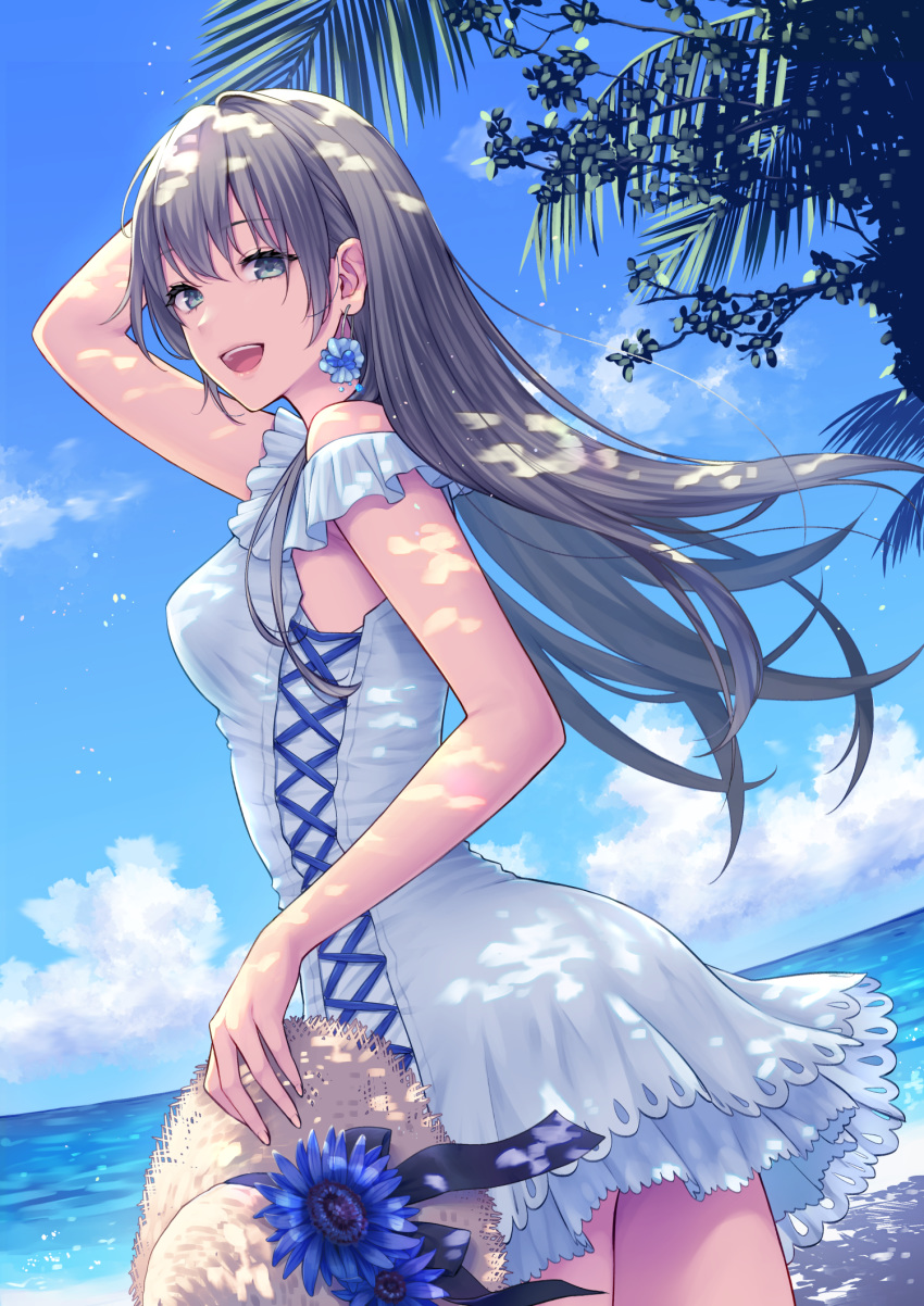 1girl :d ass bangs blue_sky branch breasts clouds commentary daidai_jamu day dress dutch_angle earrings flower flower_earrings frilled_dress frills green_eyes grey_hair hair_blowing hand_in_hair hat hat_flower hat_ribbon highres holding holding_clothes holding_hat horizon jewelry leaf long_hair looking_at_viewer looking_to_the_side medium_breasts ocean open_mouth original outdoors palm_tree ribbon sky smile standing straw_hat sun_hat sundress tree upper_teeth white_dress