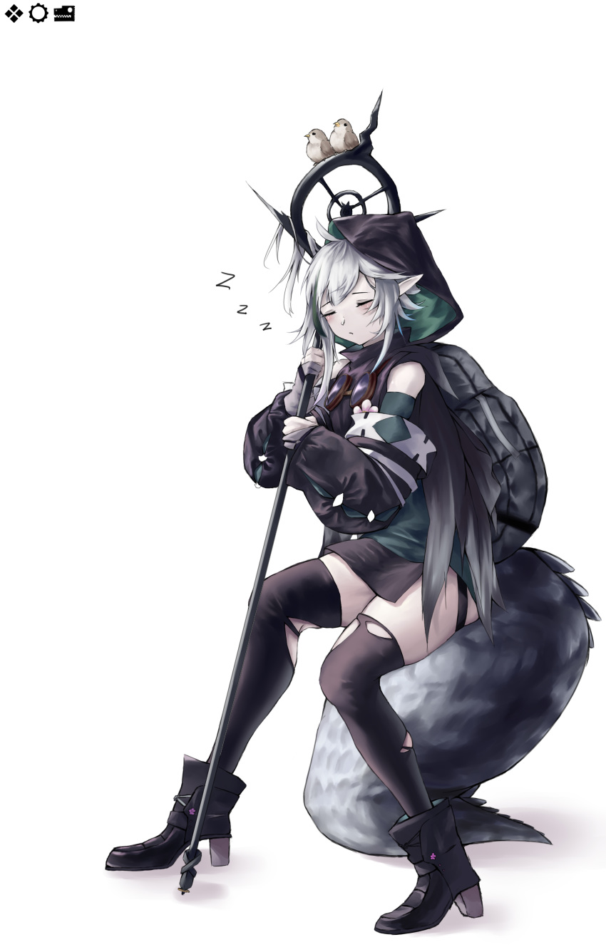 1girl absurdres arknights bangs bare_shoulders bird black_footwear black_legwear boots closed_eyes commentary english_commentary high_heel_boots high_heels highres holding holding_staff hood large_tail pointy_ears short_hair silver_hair simple_background sitting sitting_on_tail sleeping solo staff tail thigh-highs thighs tomimi_(arknights) white_background xiaobei zettai_ryouiki zzz