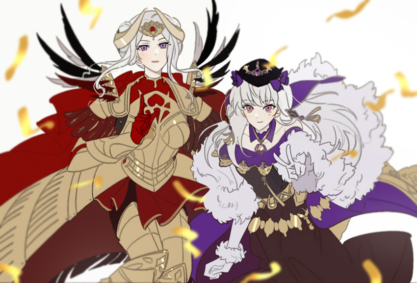 2girls armor cape closed_mouth dress edelgard_von_hresvelg fake_horns fire_emblem fire_emblem:_three_houses fire_emblem_heroes fur_trim gloves hair_ornament hat headpiece horns long_hair lysithea_von_ordelia multiple_girls parted_lips pink_eyes red_cape simple_background smile violet_eyes vo1ez white_background white_gloves white_hair