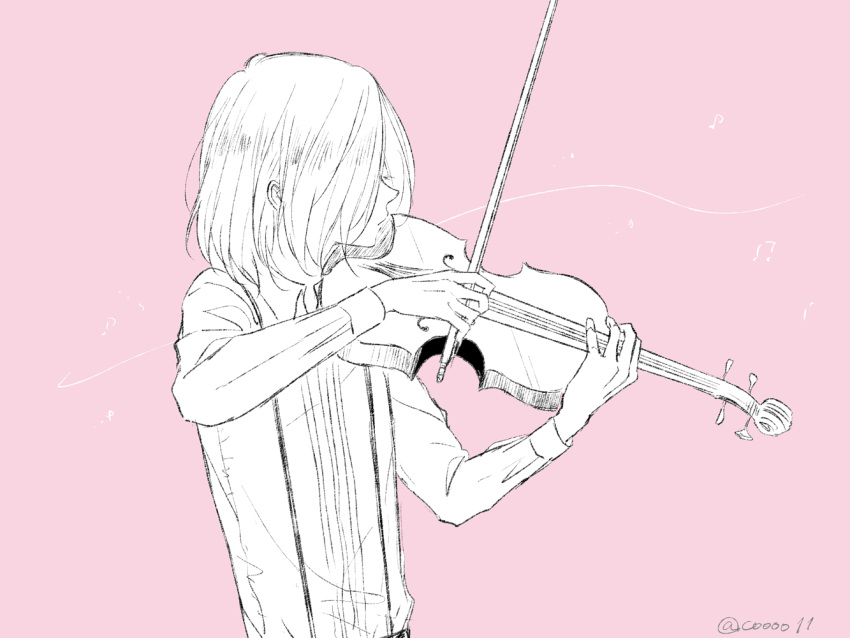 1boy collared_shirt hair_over_eyes instrument kou_(coo00) male_focus monochrome music musical_note pink_background playing_instrument shirt suspenders violin violin_bow yuri!!!_on_ice yuri_plisetsky