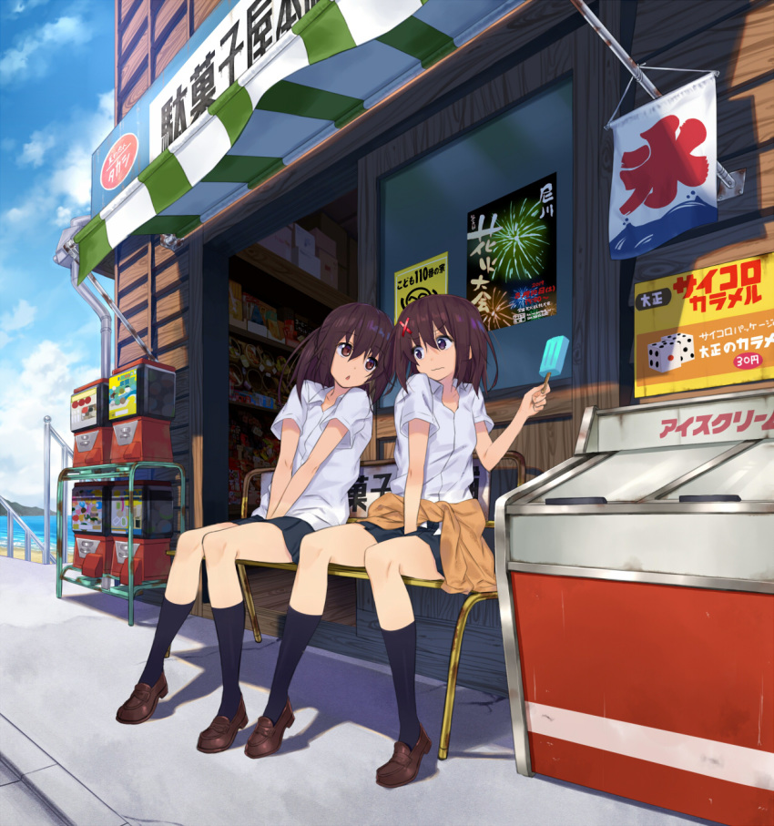 2girls :o brown_eyes brown_hair clothes_around_waist dice dress_shirt fireworks gashapon_machine hair_ornament highres holding kneehighs loafers multiple_girls nakama_daichi navy_blue_legwear original school_uniform shirt shoes shop short_hair siblings sisters sitting skirt sweater sweater_around_waist thighs uniform x_hair_ornament