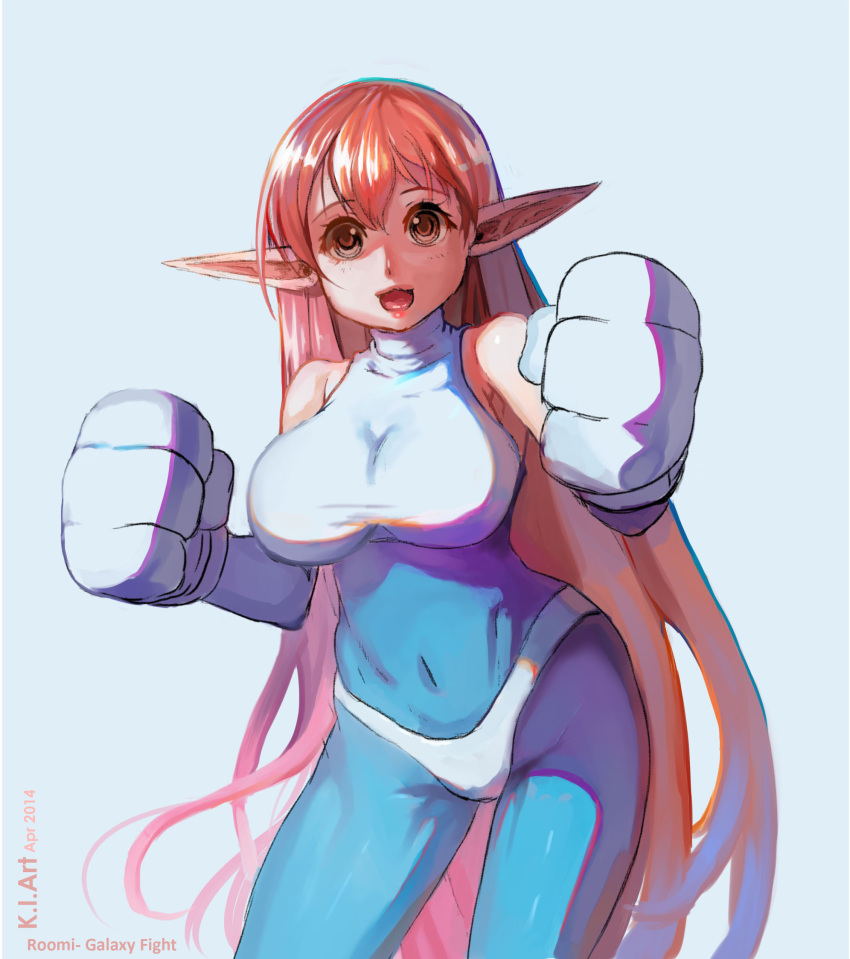 1girl absurdres blue_bodysuit bodysuit breasts character_name clenched_hands commentary copyright_name covered_navel dated elf english_commentary fewer_digits galaxy_fight highres impossible_bodysuit impossible_clothes kaitsu_tokiyas large_breasts long_hair long_pointy_ears looking_at_viewer open_mouth oversized_limbs panties panties_over_bodysuit pink_eyes pink_hair pointy_ears roomi skin_tight solo spandex sports_bra underwear very_long_hair white_background white_panties white_sports_bra