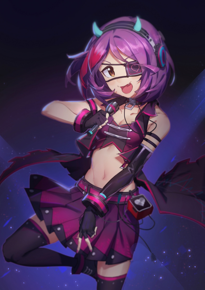 1girl :d absurdres asymmetrical_gloves bare_shoulders belt black_gloves black_legwear brown_eyes crop_top eyepatch fake_horns fang gloves hayasaka_mirei headphones highres holding horns idolmaster idolmaster_cinderella_girls idolmaster_cinderella_girls_starlight_stage leg_up looking_at_viewer microphone midriff miniskirt multicolored_hair navel open_mouth pg_(pgouwoderen) pleated_skirt purple_hair purple_skirt short_hair skirt smile solo stomach thigh-highs two-tone_hair vest zettai_ryouiki