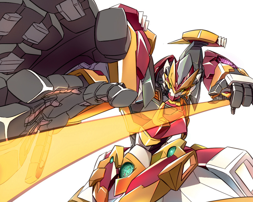 bingshan close-up energy_sword extra_hands green_eyes holding holding_sword holding_weapon looking_at_viewer mecha no_humans original solo sword weapon white_background