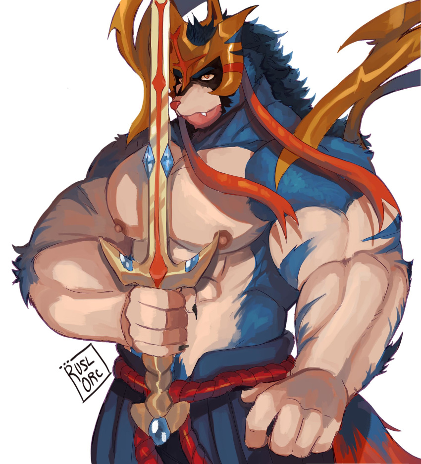 1boy abs bara blue_fur chest dog furry gen_8_pokemon highres holding holding_sword holding_weapon legendary_pokemon male_focus muscle nipples pectoral_press pectorals pokemon pokemon_(creature) pokemon_(game) pokemon_swsh ruslorc shirtless solo sword weapon white_background yellow_eyes zacian zacian_(crowned)