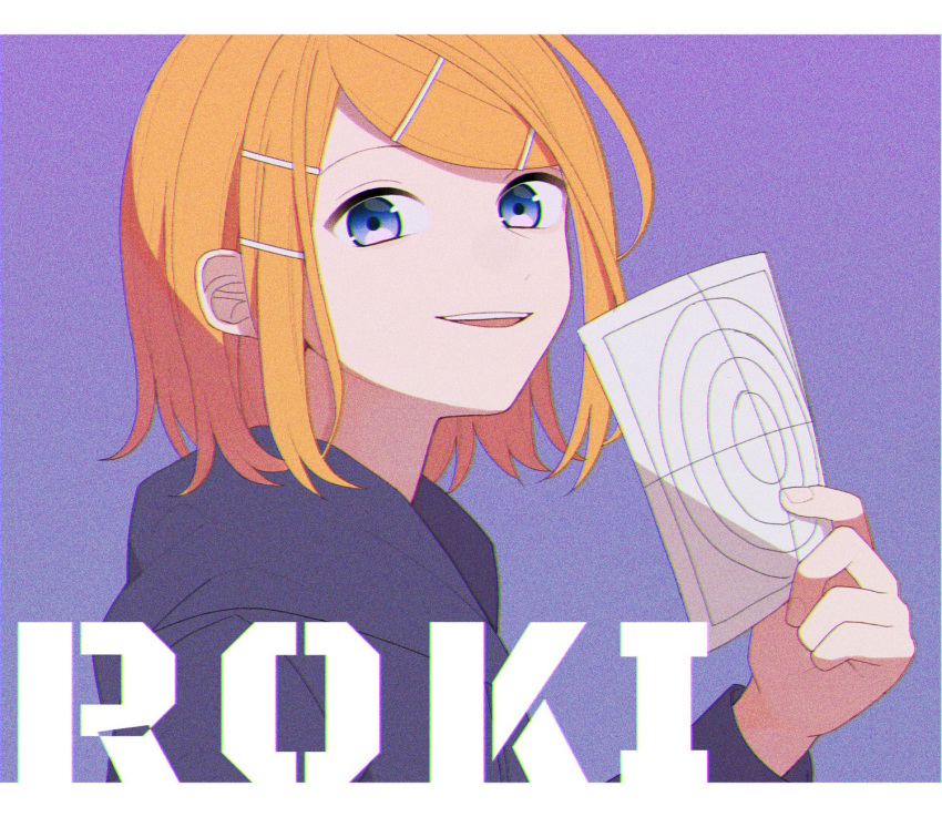 1girl bangs blonde_hair commentary hair_ornament hairclip haru_no_no highres holding holding_paper hood hoodie kagamine_rin looking_at_viewer open_mouth paper portrait purple_background purple_hoodie roki_(vocaloid) short_hair smile solo swept_bangs target violet_eyes vocaloid