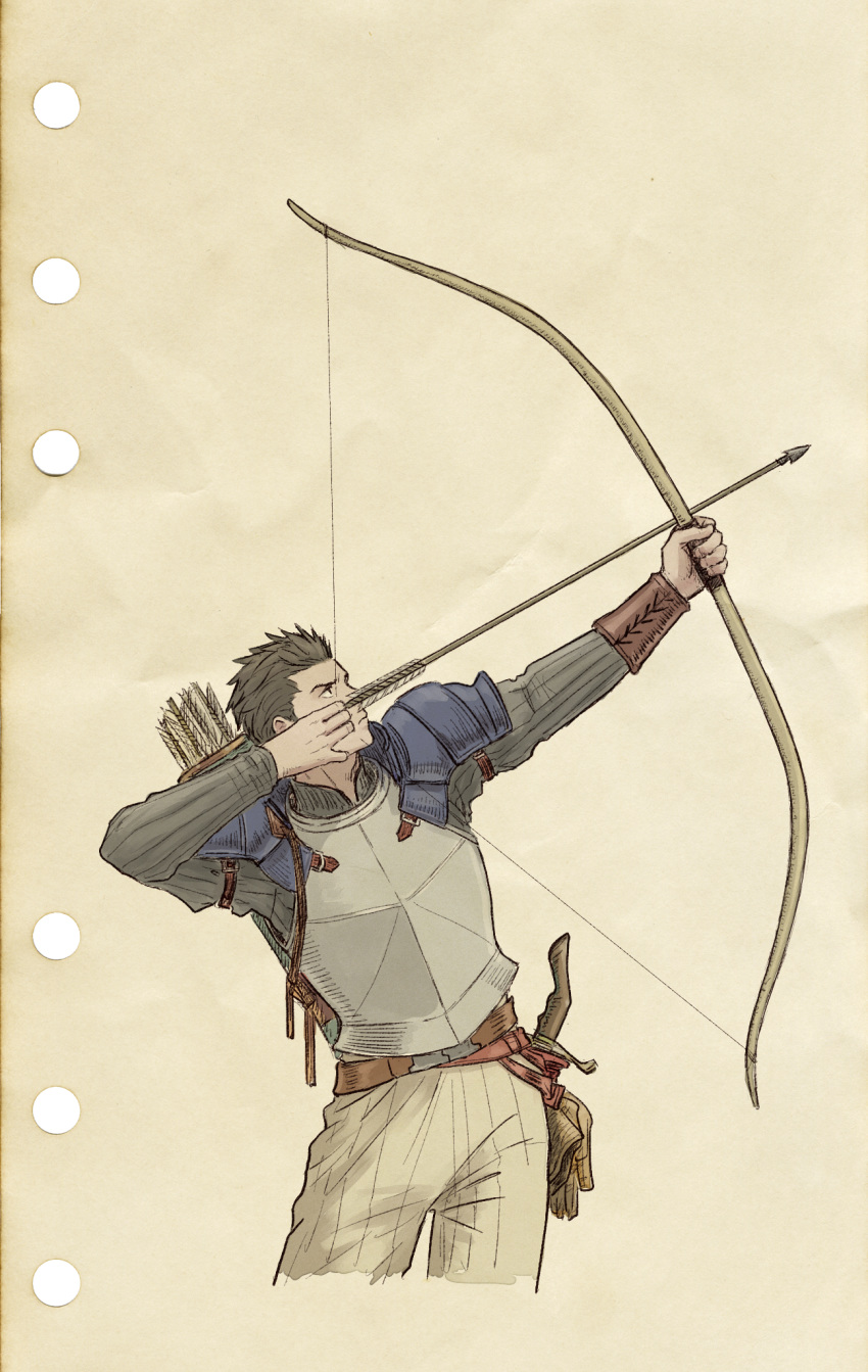 1boy armor arror belt bow_(weapon) bracer breastplate brown_gloves brown_hair gloves gloves_removed highres holding holding_bow_(weapon) holding_weapon long_sleeves looking_to_the_side looking_up male_focus pants quiver solo standing tactics_ogre vice_bozeg weapon windcaller
