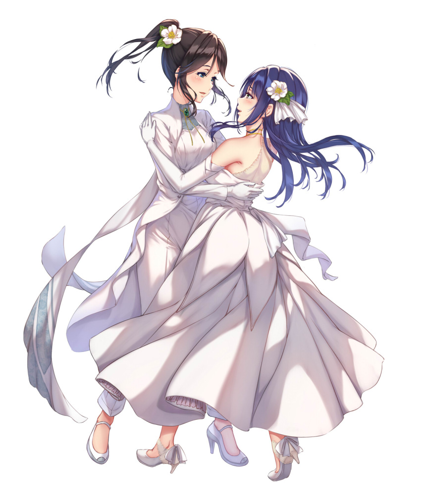 2girls black_hair blue_eyes dark_blue_hair dress elbow_gloves gloves hibike!_euphonium high_heels highres jacket kasaki_nozomi kurenaiz liz_to_aoi_tori long_hair multiple_girls pants ponytail smile translation_request violet_eyes white_dress white_footwear white_gloves white_jacket white_pants yoroizuka_mizore