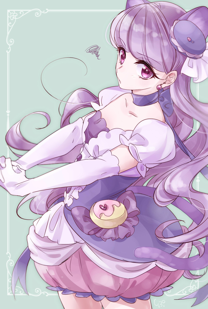 1girl animal_ears bangs blue_background bow cat_ears cat_tail choker collarbone cowboy_shot cure_macaron earrings elbow_gloves eyebrows_visible_through_hair floating_hair food_themed_hair_ornament gloves hair_ornament highres jewelry kirakira_precure_a_la_mode leaning_forward long_hair macaron_hair_ornament miniskirt pink_skirt precure purple_bow purple_choker purple_hair red_eyes shiny shiny_hair shipu_(gassyumaron) skirt solo standing tail very_long_hair white_gloves