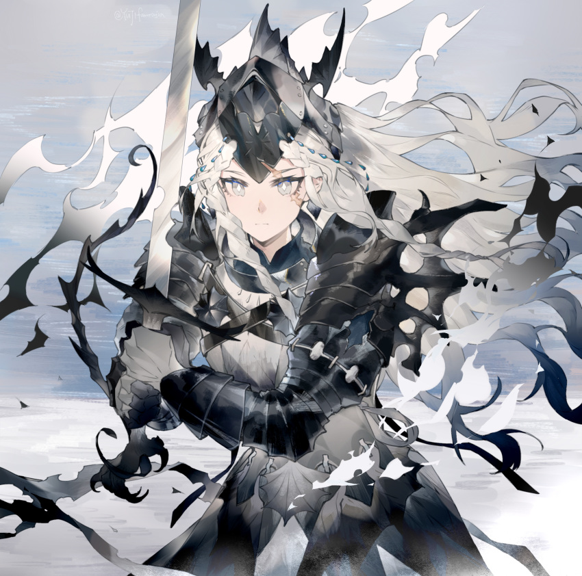 1girl armor braid breastplate closed_mouth facial_scar fog grey_eyes grey_hair helmet highres holding holding_sword holding_weapon knight long_hair original pauldrons scar shoulder_armor solo sword vambraces weapon white_theme yuji_(fantasia)