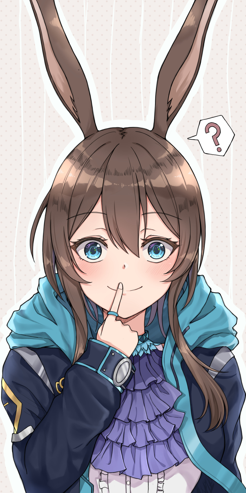 1girl ? absurdres amiya_(arknights) animal_ears arknights ascot bangs blue_eyes blue_jacket blue_neckwear blush brown_hair commentary_request eyebrows_visible_through_hair grey_background hair_between_eyes hand_up highres index_finger_raised jacket long_hair looking_at_viewer mango_(mgo) open_clothes open_jacket rabbit_ears shirt smile solo spoken_question_mark upper_body white_shirt