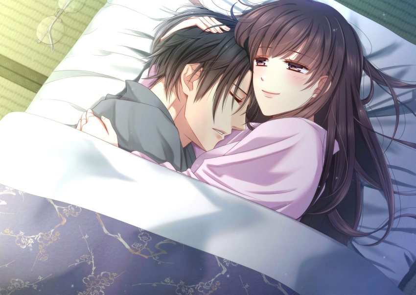 1boy 1girl bed_sheet black_hair brown_eyes closed_eyes eyewear_removed from_above futon hand_on_another's_head hetero hug izumi_(stardustalone) japanese_clothes kimono long_hair pink_kimono renri_no_chigiri_wo_kimi_to_shiru sleeping tatami