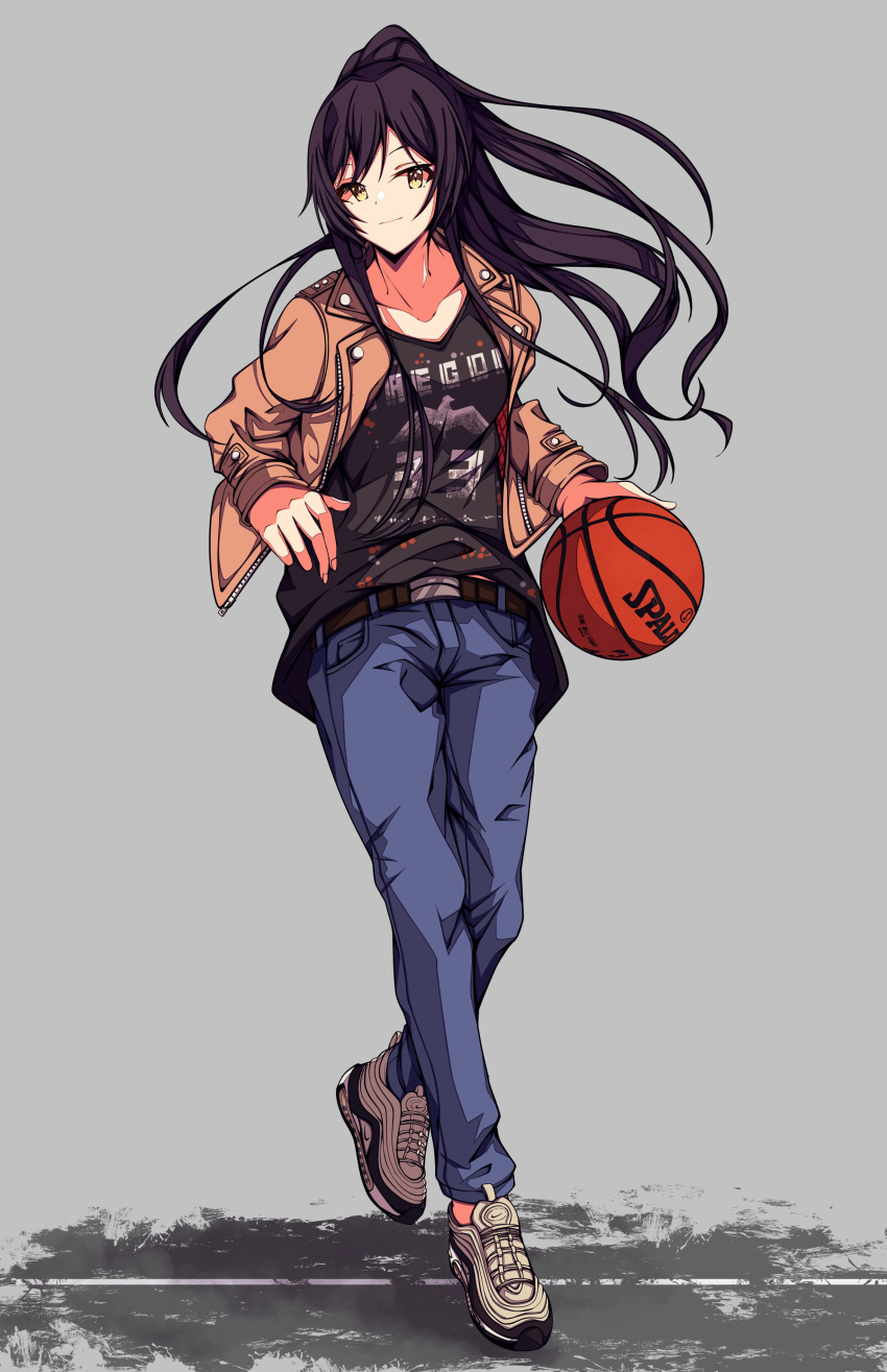 1girl absurdres basketball belt black_hair brown_jacket collarbone denim floating_hair full_body highres idolmaster idolmaster_shiny_colors jacket jeans kakuzatou_(cubesugar03196) long_hair long_sleeves pants ponytail shirase_sakuya shoes sneakers solo yellow_eyes