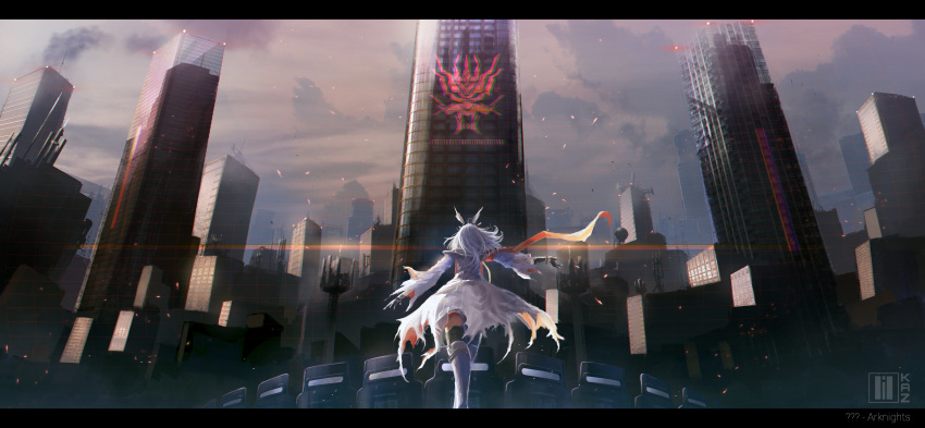 1girl absurdres arknights building city commentary dress feet_out_of_frame from_behind frostnova_(arknights) great_lungmen_logo highres kioazura letterboxed long_hair silver_hair solo white_dress