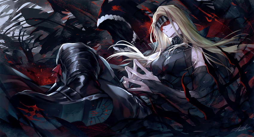 1boy bare_shoulders belt blind blindfold blonde_hair boots collar covered_eyes danhu darkness detached_sleeves eddie_(guilty_gear) floating guilty_gear guilty_gear_strive hands_together highres long_hair lying muscle on_back red_eyes shadow signature smirk solo teeth zato-1