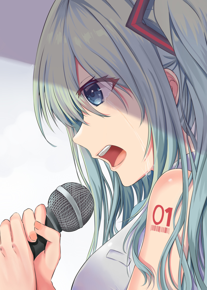 1girl absurdres aqua_eyes aqua_hair barcode_tattoo bare_shoulders commentary hair_ornament hatsune_miku highres hisuka holding holding_microphone long_hair microphone music number_tattoo open_mouth portrait shoulder_tattoo singing symbol_commentary tattoo tears twintails vocaloid