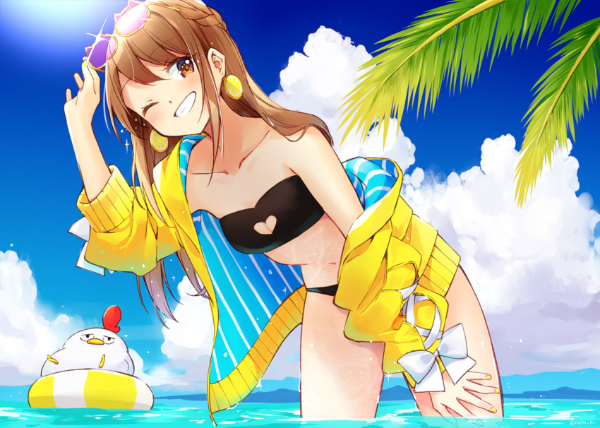 1girl adjusting_eyewear animal_themed_eyewear bangs bikini bird black_bikini braid breasts brown_eyes brown_hair chicken cleavage_cutout clouds collarbone commentary_request day earrings grin hand_on_own_leg hazuki_natsu heart_cutout innertube jacket jewelry lace-up_sleeves leaning_forward long_hair long_sleeves nail_polish off_shoulder one_eye_closed original outdoors palm_leaf ribbon small_breasts smile solo strapless strapless_bikini striped swimsuit wading white_ribbon yellow_jacket yellow_nails