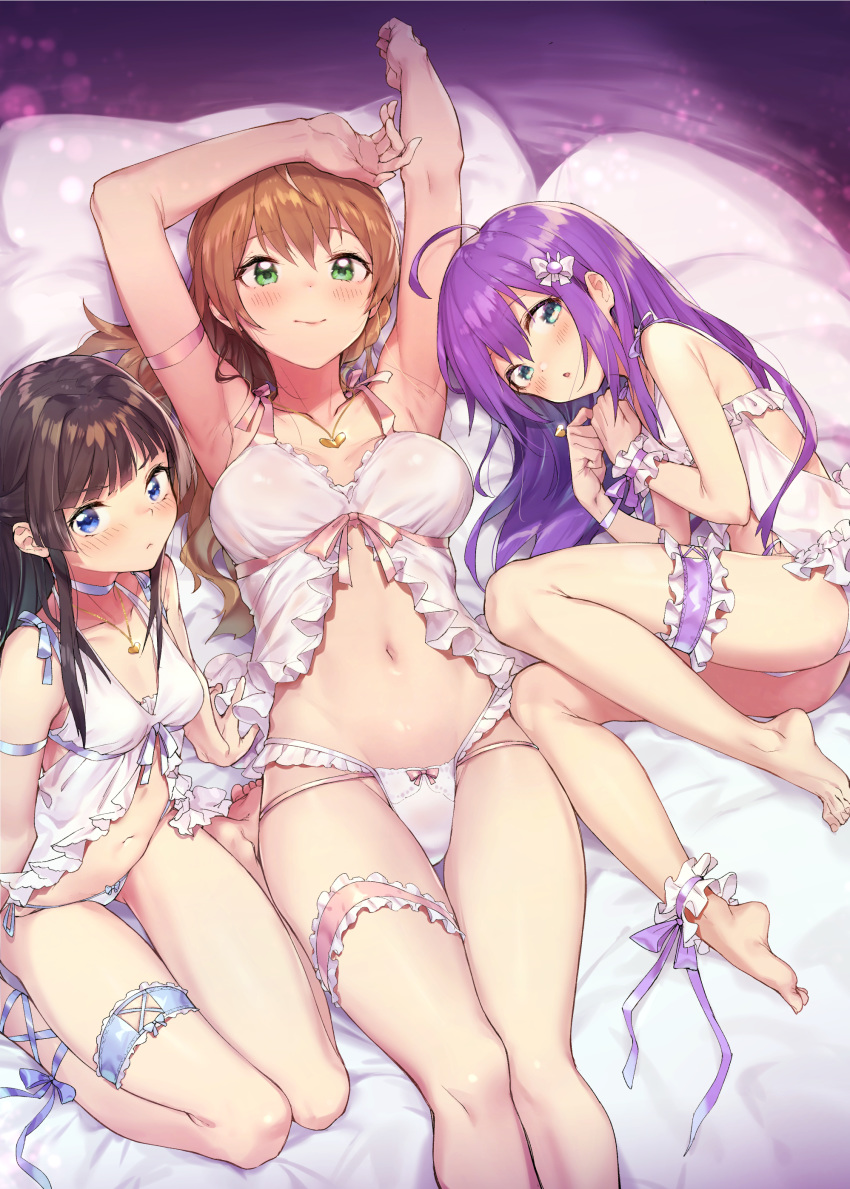 3girls :&lt; :o absurdres ahoge alternate_hairstyle ankle_cuffs ankle_lace-up aqua_eyes arm_ribbon armpits arms_up babydoll bangs bare_arms bare_legs bare_shoulders barefoot bed_sheet black_hair blue_bow blue_choker blue_eyes blue_ribbon blunt_bangs blush bow bow_panties braid breasts breasts_apart brown_hair choker closed_mouth collarbone commentary_request cross-laced_footwear feet_out_of_frame frilled_babydoll frilled_panties frills from_above green_eyes groin hair_between_eyes hair_bow hair_down hand_on_own_head hands_up heart heart_pendant highres idolmaster idolmaster_million_live! idolmaster_million_live!_theater_days jewelry leg_garter light_particles lingerie long_hair looking_at_viewer looking_up lying medium_breasts mochizuki_anna mogami_shizuka multi-strapped_panties multiple_girls navel necklace on_back on_side outstretched_arm panties parted_lips pendant pillow pink_bow pink_ribbon purple_hair purple_ribbon ribbon sakuramori_kaori seiza shennai_misha shiny shiny_hair sidelocks sitting small_breasts smile stomach string_panties thigh_gap toes underwear underwear_only white_babydoll white_bow white_panties wrist_cuffs
