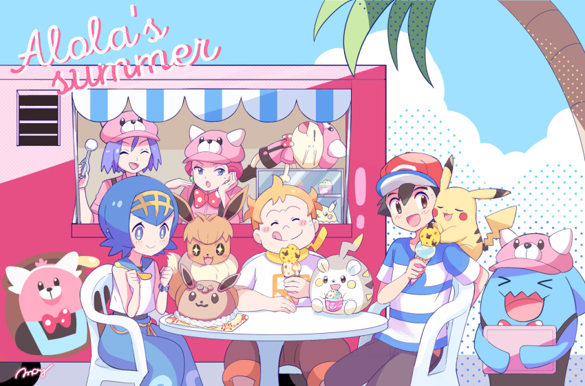 &gt;o&lt; 2girls 3boys animal_print baggy_pants baseball_cap bewear black_hair blue_eyes blue_pants blue_sky bow bowtie brown_eyes brown_pants closed_eyes commentary_request eevee english_text food gen_1_pokemon gen_2_pokemon gen_7_pokemon green_earrings hat highres holding holding_food ice_cream ice_cream_bar ice_cream_cone kojirou_(pokemon) lipstick makeup mamane_(pokemon) matching_outfit mei_(maysroom) meowth multiple_boys multiple_girls musashi_(pokemon) open_mouth orange_hair palm_tree pants pikachu pink_hair pokemon pokemon_(anime) pokemon_(creature) pokemon_sm_(anime) polka_dot polka_dot_bow satoshi_(pokemon) sharing_food shirt short_hair sky sparkling_eyes spiky_hair striped striped_shirt suiren_(pokemon) tagme togedemaru tree white_shirt wobbuffet |p
