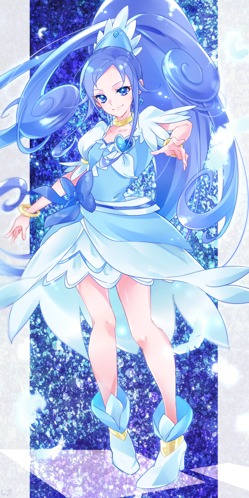 1girl bangs blue_dress blue_eyes blue_hair boots bracelet closed_mouth collarbone cure_diamond dokidoki!_precure dress floating_hair full_body hair_ornament high_heel_boots high_heels high_ponytail highres jewelry layered_dress long_hair looking_at_viewer parted_bangs precure shiny shiny_hair shipu_(gassyumaron) short_dress smile solo standing very_long_hair white_footwear