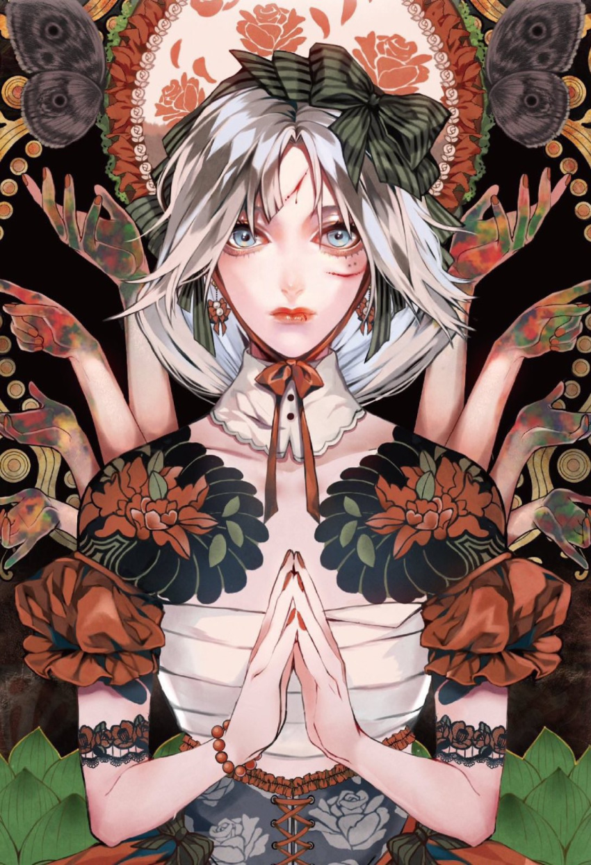 1girl animal_print arm_tattoo blood blue_eyes bow bracelet butterfly_print cuts dress extra_arms floral_print flower_tattoo girdle hair_bow hands_together highres injury jewelry original sarashi short_hair simple_background solo tattoo upper_body white_background white_hair yayunosuke