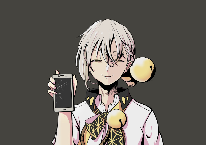 1boy absurdres bell cellphone commentary cracked_phone duther_altyn grey_background grey_hair hair_bell hair_ornament hand_up highres holding holding_phone iori_yuzuru looking_at_viewer male_focus neck_bell necktie parted_lips phone shirt short_sleeves smartphone smile upper_body voiceroid white_shirt yellow_eyes yellow_neckwear