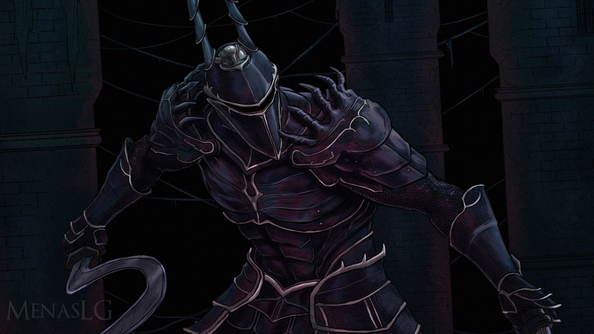 1boy armor artist_name black_armor breastplate dark demon's_souls dual_wielding faulds fighting_stance gauntlets helmet highres holding holding_weapon horned_helmet looking_away male_focus menaslg outstretched_arms pauldrons shoulder_armor sickle silver_trim solo souls_(from_software) upper_body weapon yurt_the_silent_chief