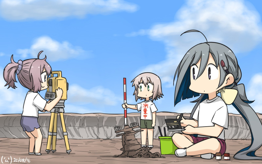 3girls ahoge alternate_costume aoba_(kantai_collection) blue_sky clouds commentary_request day green_eyes green_shorts grey_eyes grey_hair hair_between_eyes hair_bun hamu_koutarou highres indian_style jar kantai_collection kiyoshimo_(kantai_collection) low_twintails multiple_girls outdoors paintbrush pole ponytail purple_shorts rock sculpture shimushu_(kantai_collection) shirt short_hair shorts silver_hair sitting sky t-shirt theodolite twintails white_shirt