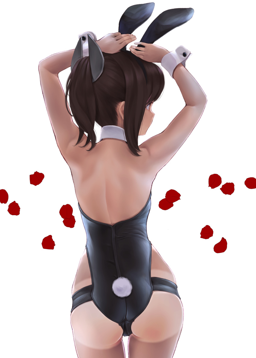 1girl animal_ears arms_up ass back brown_eyes brown_hair bunny_girl bunny_tail bunnysuit dark_skin detached_collar highres i-401_(kantai_collection) kantai_collection petals ponytail rabbit_ears simple_background solo tail tan tanline wa_(genryusui) white_background wrist_cuffs