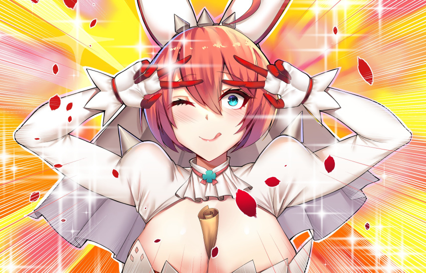 1girl animal_ears blinking blue_eyes blush breasts bridal_veil clover collar dress elphelt_valentine eyebrows_visible_through_hair fake_animal_ears four-leaf_clover funaya_(a2brasd) gloves guilty_gear guilty_gear_xrd hair_between_eyes highres large_breasts object_on_breast petals pink_hair pose rabbit_ears smile solo sparkle sparkle_background spikes tongue tongue_out v veil wedding_dress white_gloves
