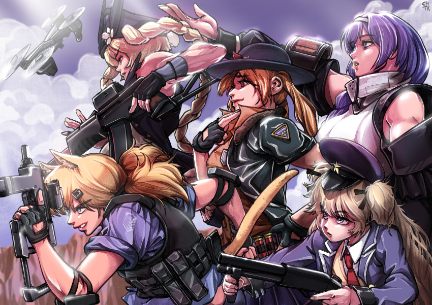 5girls absurdres animal_ears assault_rifle blonde_hair blue_hair brown_hair cat_ears cat_tail chtv_(tarreban) dp-12_(girls_frontline) drone girls_frontline gun highres idw_(girls_frontline) m870 m870_(girls_frontline) mod3_(girls_frontline) multiple_girls police police_uniform policewoman rifle shotgun sr-3mp sr-3mp_(girls_frontline) submachine_gun super_shorty_(girls_frontline) tail uniform weapon