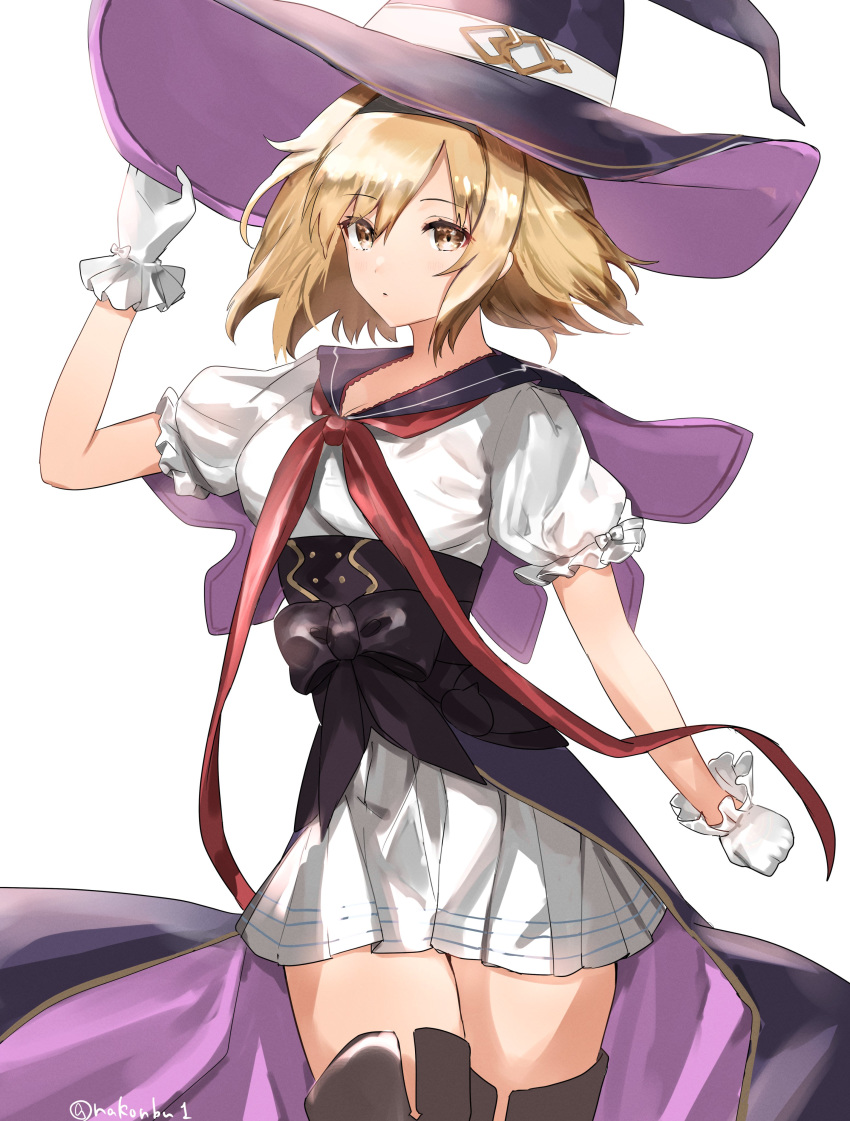 1girl absurdres black_footwear blonde_hair boots cowboy_shot djeeta_(granblue_fantasy) frilled_gloves frills gloves granblue_fantasy hat headband highres holding holding_clothes holding_hat nakonbu neckerchief pleated_skirt puffy_short_sleeves puffy_sleeves purple_headwear red_neckwear short_hair short_sleeves skirt solo thigh-highs thigh_boots white_gloves witch_hat yellow_eyes