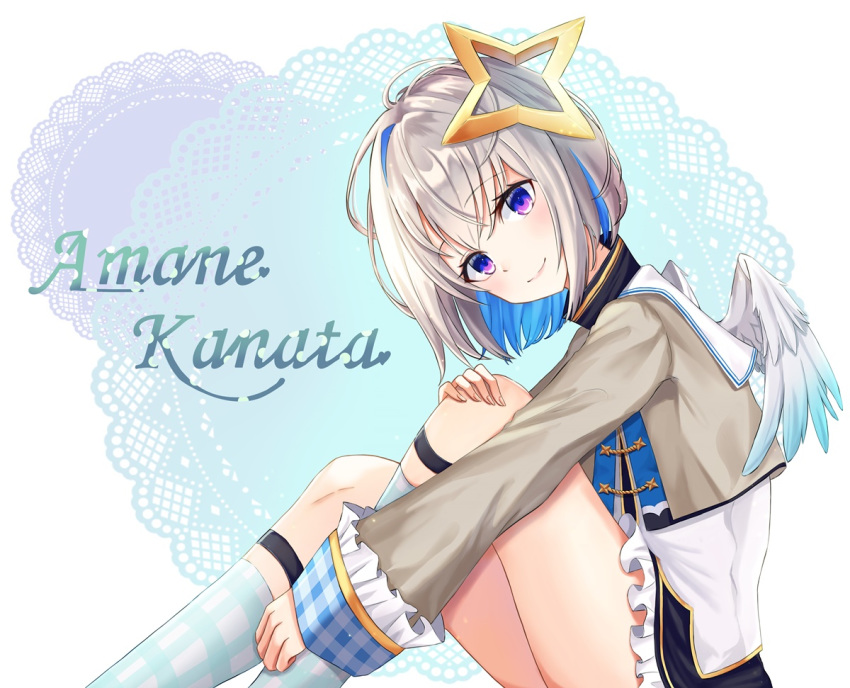 1girl amane_kanata angel_wings blue_eyes blue_hair brown_jacket character_name closed_mouth colored_inner_hair cropped_jacket eyebrows_visible_through_hair feet_out_of_frame frill_trim frilled_skirt frills halo head_tilt hololive jacket kottungyang light_smile long_sleeves looking_at_viewer mini_wings miniskirt multicolored_hair raised_eyebrows sailor_collar school_uniform serafuku short_hair silver_hair sitting skirt smile socks solo violet_eyes virtual_youtuber white_wings wings