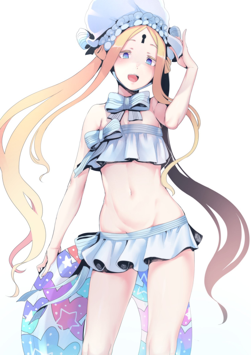 1girl abigail_williams_(fate/grand_order) abigail_williams_(swimsuit) bangs bare_shoulders bikini blonde_hair blue_eyes bonnet bow breasts fate/grand_order fate_(series) forehead hair_bow hair_rings highres innertube keyhole long_hair nakamura_regura navel open_mouth parted_bangs sidelocks small_breasts smile swimsuit thighs twintails white_bikini white_bow white_headwear