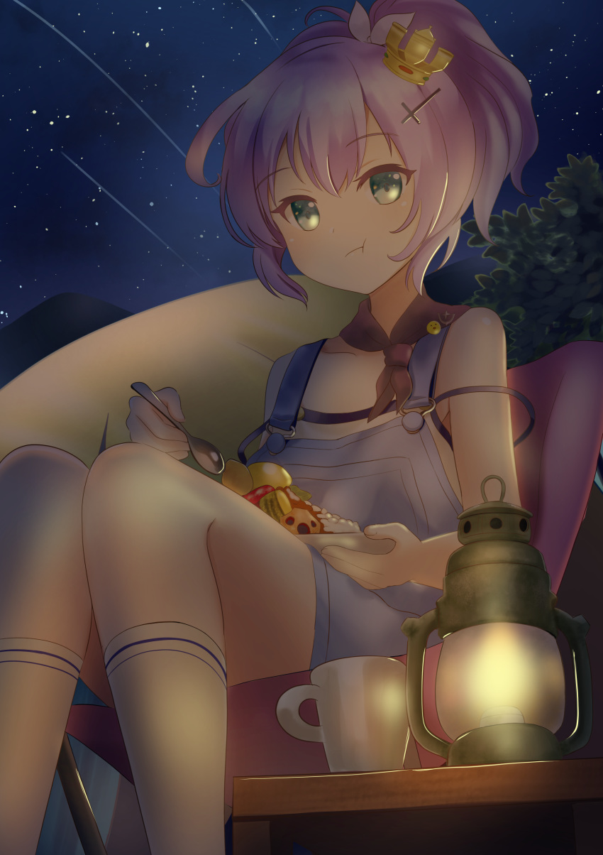 1girl :t absurdres alternate_costume anchor_symbol azur_lane blue_eyes camping casual chair collarbone commentary_request contemporary crown cup curry curry_rice eating folding_chair food hair_ornament hair_ribbon hairpin highres holding holding_spoon javelin_(azur_lane) john_manjirou_(love-love-happy21) kneehighs lantern light looking_at_viewer meteor_shower mini_crown mountain night night_sky plate ponytail purple_hair ribbon rice shade short_hair sitting sky solo spoon star_(sky) starry_sky strap_slip suspenders teacup tent white_legwear