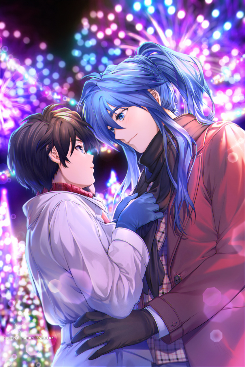 2boys adjusting_another's_clothes adjusting_scarf artist_name black_gloves black_scarf blue_eyes blue_gloves blue_hair brown_hair brown_jacket closed_mouth coat commentary couple english_commentary eye_contact fireworks gloves hand_on_another's_hip highres houshin_engi jacket kaze-hime lens_flare long_hair looking_at_another male_focus multiple_boys night open_clothes open_jacket parted_lips plaid plaid_shirt ponytail scarf shirt short_hair sidelocks taikoubou upper_body white_coat yaoi youzen
