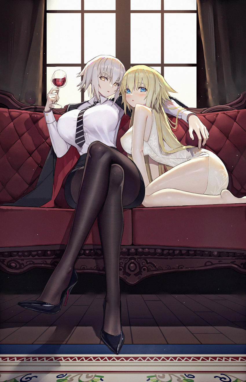 2girls absurdres alcohol bangs bare_shoulders black_footwear black_jacket black_legwear black_skirt blonde_hair blue_eyes blush breasts cha_hou china_dress chinese_clothes collared_shirt couch crossed_legs cup curtains dress dress_shirt drinking_glass eyebrows_visible_through_hair fate_(series) high_heels highres holding holding_cup jacket jacket_on_shoulders jeanne_d'arc_(alter)_(fate) jeanne_d'arc_(fate) jeanne_d'arc_(fate)_(all) large_breasts long_hair looking_at_viewer miniskirt multiple_girls pale_skin pantyhose shirt short_hair side_slit silver_hair sitting skirt striped striped_neckwear white_shirt window wine_glass wooden_floor yellow_eyes