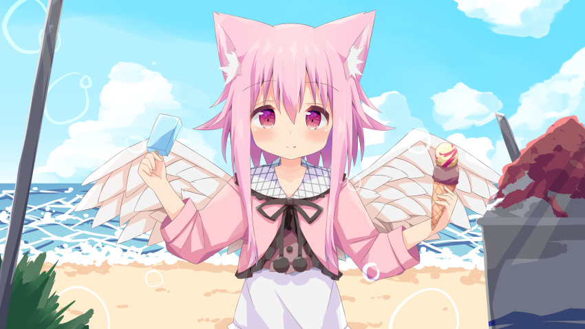1girl :p absurdres animal_ear_fluff animal_ears bangs black_ribbon blush closed_mouth commentary_request day double_scoop dress eyebrows_visible_through_hair feathered_wings food frilled_jacket hair_between_eyes hands_up highres holding holding_food horizon ice_cream ice_cream_cone jacket long_hair long_sleeves looking_at_viewer nakkar neck_ribbon ocean original outdoors pink_hair pink_jacket popsicle red_eyes ribbon shaved_ice sidelocks smile solo tongue tongue_out upper_body water white_dress white_wings wings