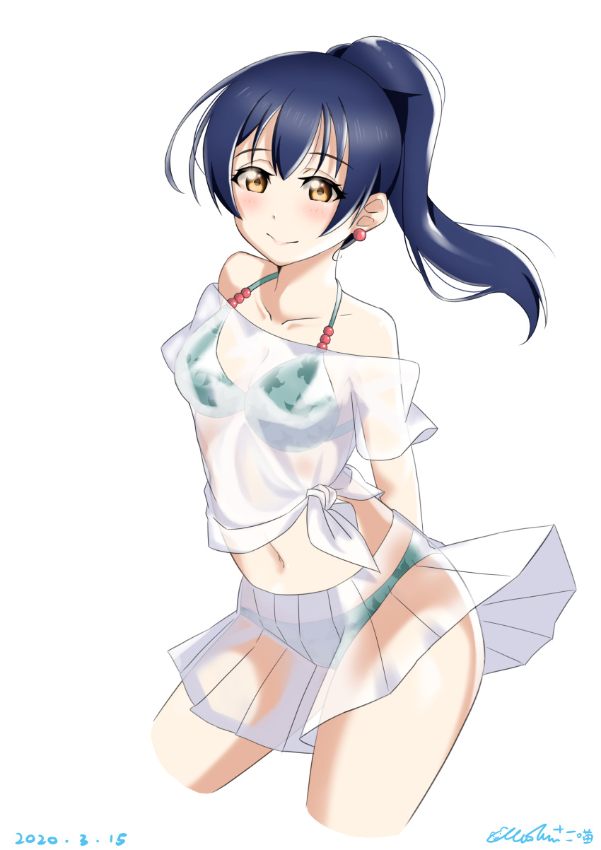 1girl absurdres arms_behind_back bangs bikini bikini_under_clothes blue_hair blush commentary_request cowboy_shot earrings green_bikini hair_between_eyes highres jewelry long_hair looking_at_viewer love_live! love_live!_school_idol_project navel ponytail see-through shirt simple_background skirt smile solo sonoda_umi swimsuit tied_shirt white_background white_shirt white_skirt yellow_eyes