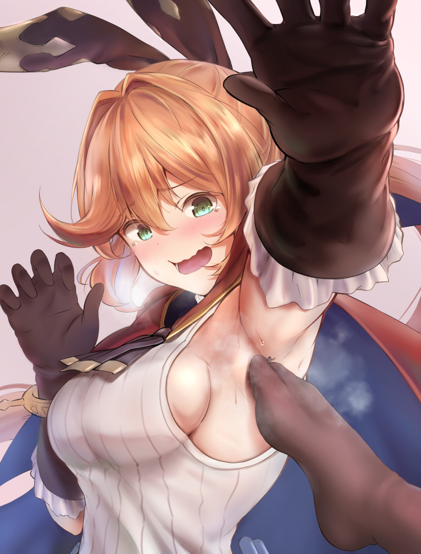 1girl animal_ears arm_up armpits bangs black_gloves black_legwear blue_cape blush breasts cape clarisse_(granblue_fantasy) commentary_request doregusu elbow_gloves embarrassed eyebrows_visible_through_hair eyelashes fake_animal_ears feet frills gloves granblue_fantasy green_eyes grey_background hair_intakes hand_up highres looking_at_another medium_breasts no_shoes orange_hair out_of_frame ribbed_shirt shiny shiny_hair shirt sideboob sidelocks steaming_body sweat sweatdrop upper_body