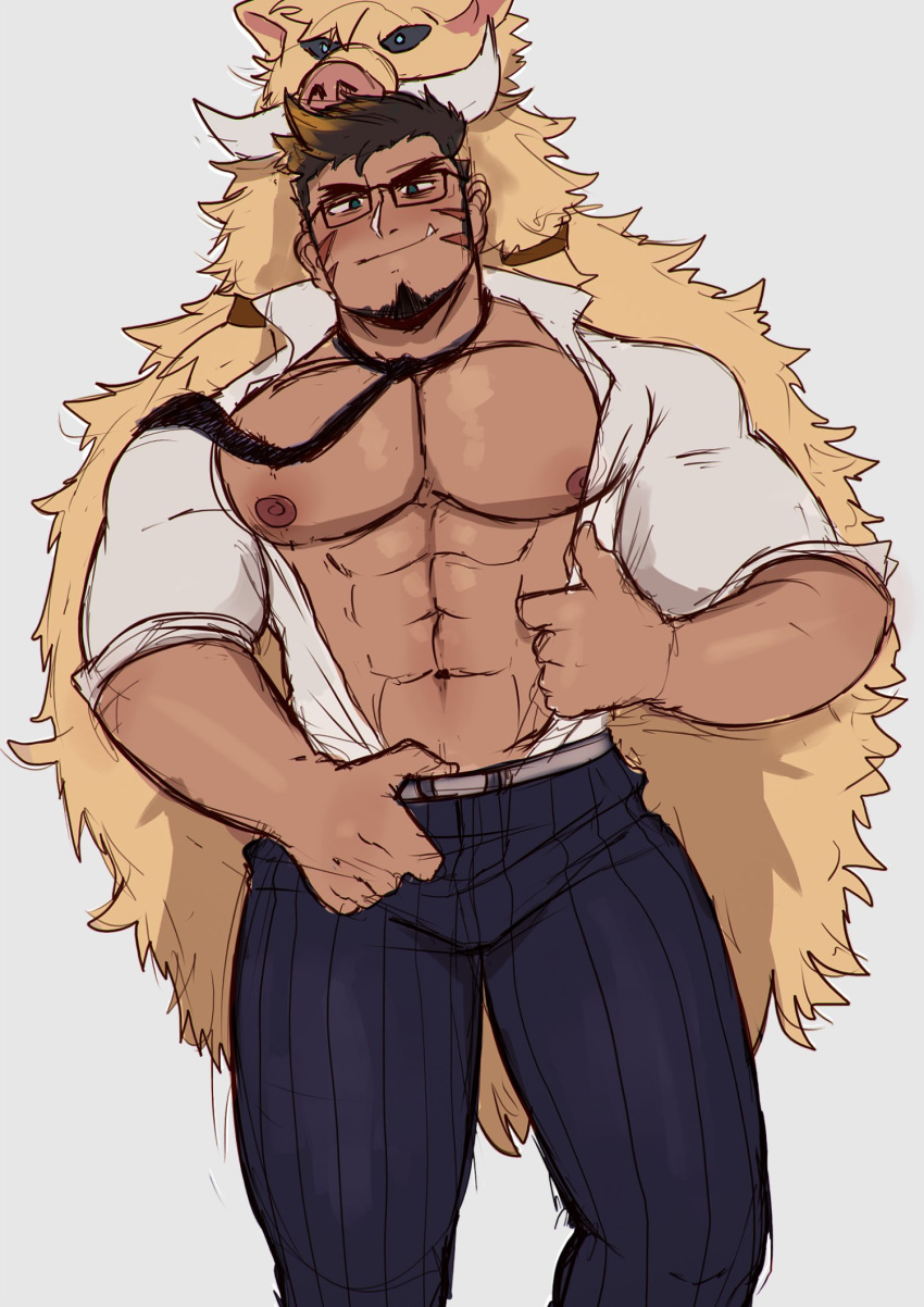 1boy abs alternate_costume animal_hood bara beard biceps blue_eyes brown_hair bulge chest facial_hair fang gullinbursti_(tokyo_houkago_summoners) highres hood looking_at_viewer male_focus muscle navel necktie necktie_removed nipples pectorals ruslorc sketch smile solo thick_thighs thighs tight tokyo_houkago_summoners undressing