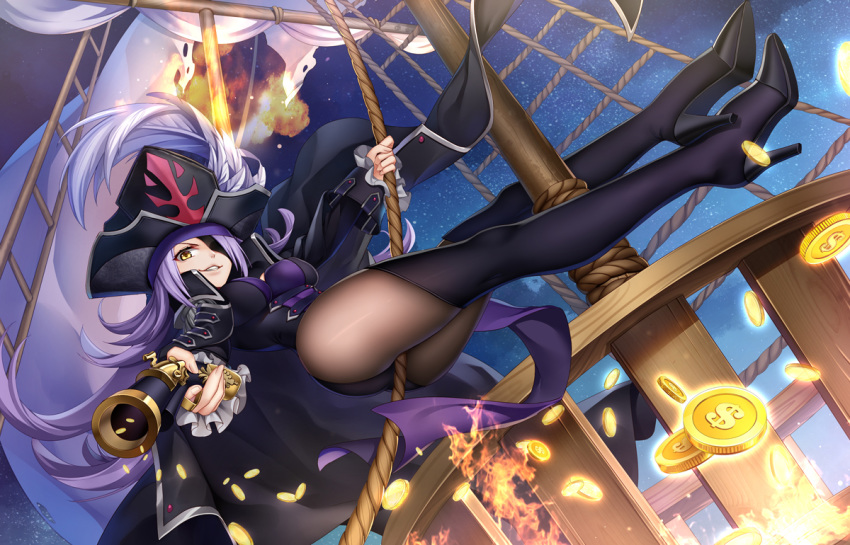 ass bicorne black_coat boots breasts coat coin dahut_(fate/grand_order) epaulettes eyepatch fate/extra fate/grand_order fate_(series) francis_drake_(fate) gold_coin hat high_heel_boots high_heels hip_focus large_breasts lavender_hair long_hair pantyhose pirate pirate_hat thigh-highs thigh_boots treasure treasure_chest veil_over_eyes very_long_hair yellow_eyes yue_xiao_e