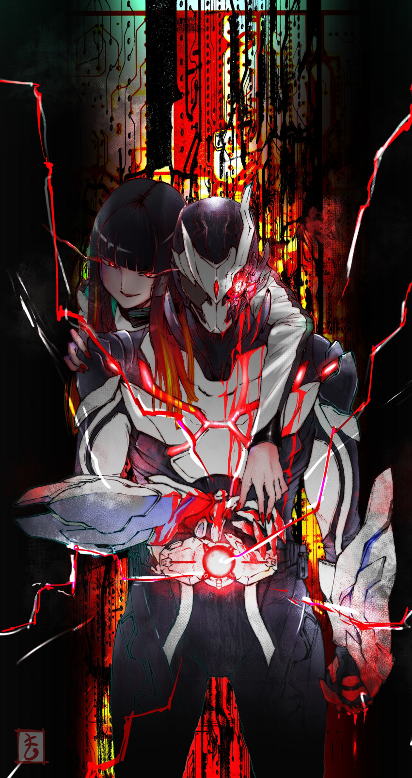 1boy 1girl absurdres as_(kamen_rider_01) black_hair damaged dark_persona electricity glowing glowing_eye highres holding_belt humagear_headphones kamen_rider kamen_rider_01_(series) kamen_rider_ark-one matutoya red_eyes tokusatsu