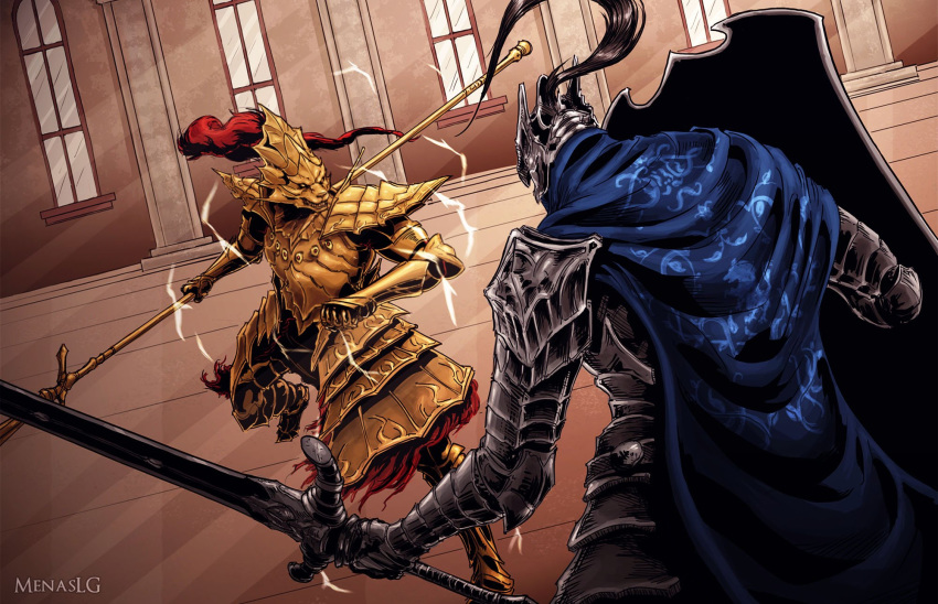 2boys armor armored_boots artist_name artorias_the_abysswalker battle blue_cape boots breastplate cape cowboy_shot dark_souls dragon_slayer_ornstein duel electricity english_commentary facing_another facing_away faulds fighting_stance full_armor full_body gauntlets gold_armor greatsword greaves helmet highres holding holding_shield holding_spear holding_sword holding_weapon hood knight male_focus menaslg multiple_boys pauldrons plume polearm shield shoulder_armor souls_(from_software) spear standing sword weapon window